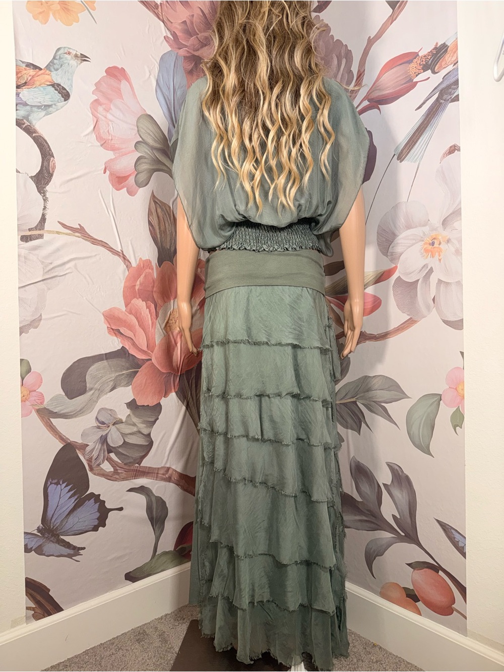 Made in Italy Silk Light Sage Tiered Maxi Skirt & Blouse Women's - Small/Medium - Picture 5 of 7